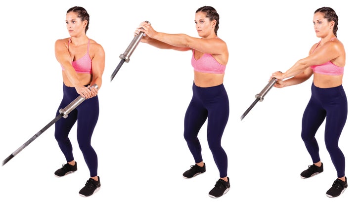 Woman demonstrating a landmine anti-rotational arc