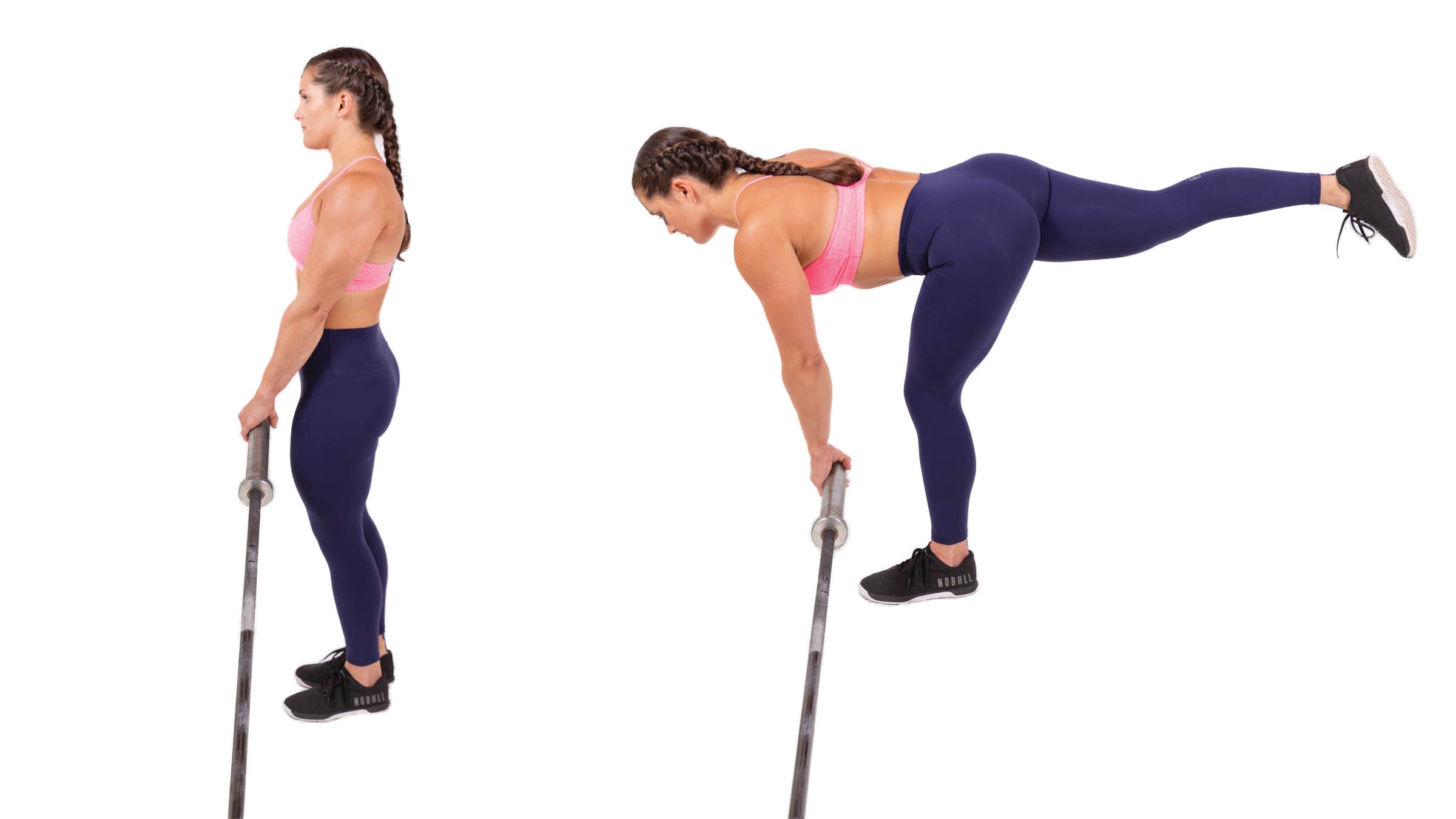 Woman demonstrating a landmine single-leg Romanian deadlift